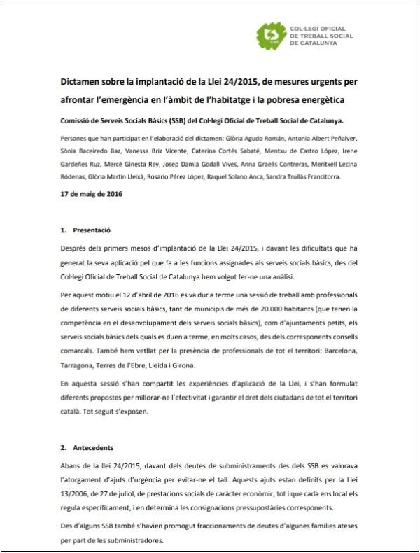 "Dictamen sobre la implantació de la Llei 24/2015, de mesures urgents per afrontar l’emergència en l’àmbit de l’habitatge i la pobresa energètica"
