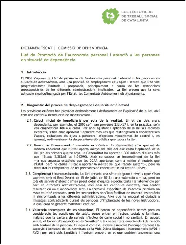 "Dictamen sobre la modificació de la “Llei de promoció de l’autonomia personal i atenció a les persones en situació de dependència”