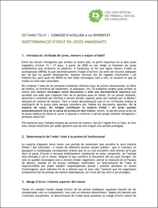 "Dictamen sobre la “Indeterminació d’edat en joves immigrants”
